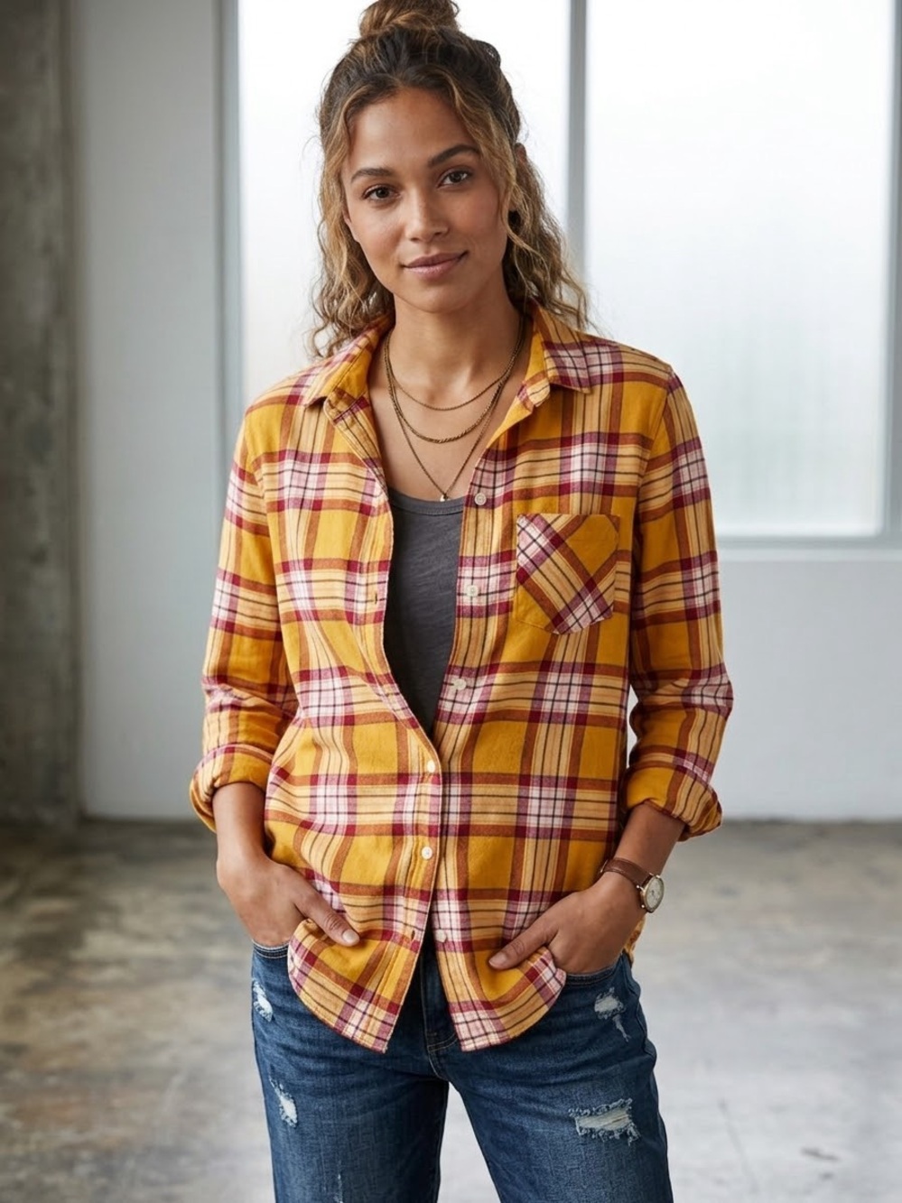 Old Navy Women’s Large Tall Plaid Flannel Shirt Mustard YellowBurgundy ButtonTop